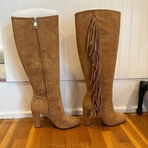 Ralph Lauren Tan Suede Knee-High Boots with Fringe